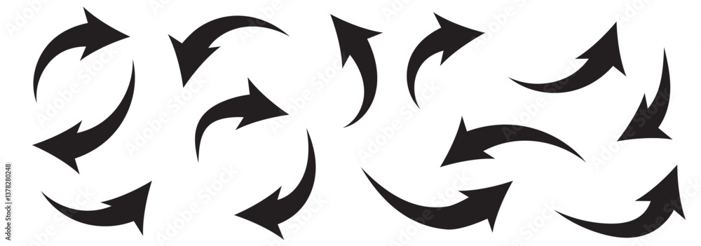 Black curved arrows icons set. Arrow sign in flat style. Wind movement image, process repeat symbol, rotation. Vector illustration. Black curved arrows icons set. Arrow sign in flat style. Wind movement image, process repeat symbol, rotation. Vector illustration.