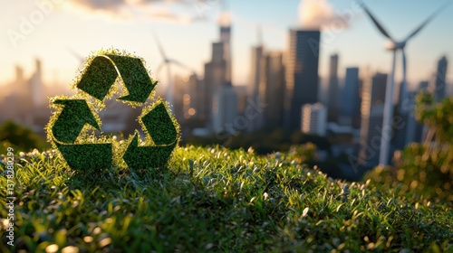 Fototapeta Naklejka Na Ścianę i Meble -  Recycling symbol on grass with blurred city skyline and wind turbines