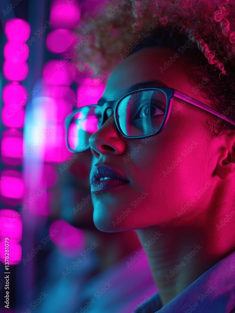 A close-up of a person with glasses, illuminated by vibrant pink and purple lights, showcasing a thoughtful expression. A close-up of a person with glasses, illuminated by vibrant pink and purple lights, showcasing a thoughtful expression.