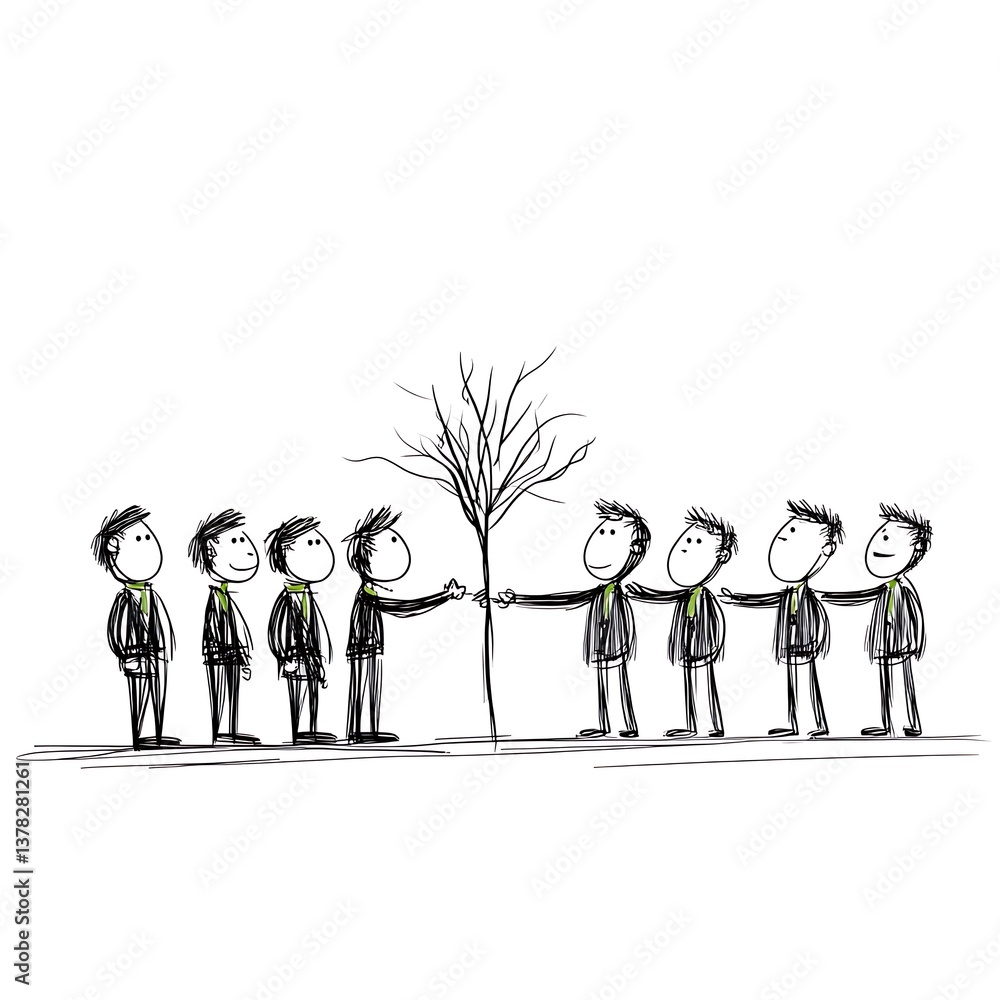 Obraz premium Businesspeople Supporting a Sapling Monochromatic Sketch Illustration