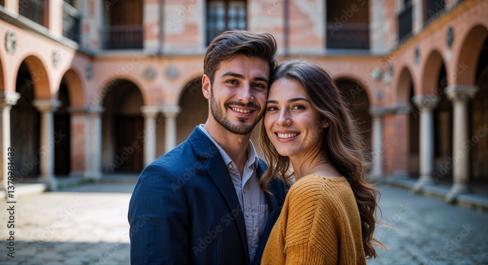 Fototapeta premium Happy young couple in Renaissance palace courtyard background portrait photo 