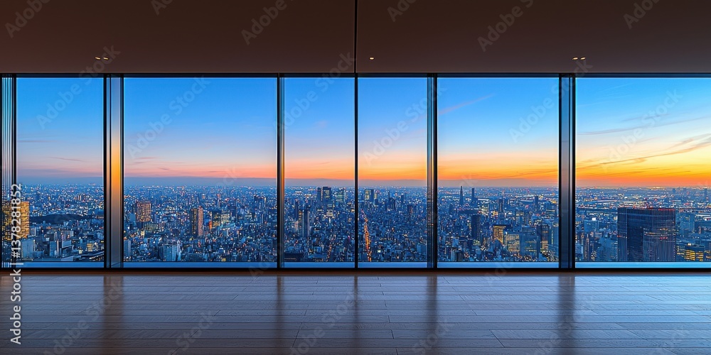 Fototapeta premium A city skyline is visible through a large window in a building