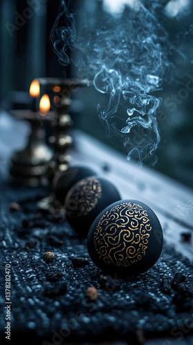 Orthodox Easter eggs with gold labyrinth motifs, brass censer and candles on wool rug, monastic charcoal-gray cultural scene
