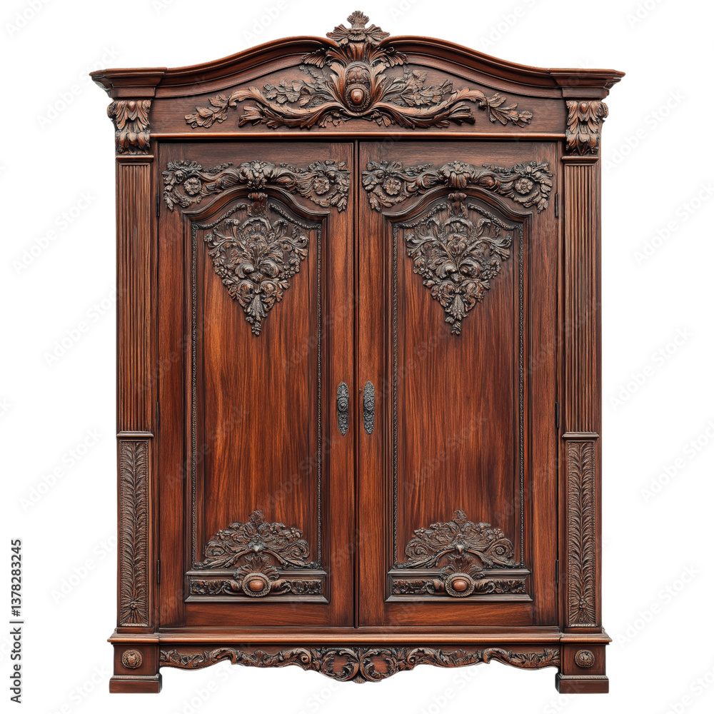 Deep mahogany armoire with ornate floral carvings, showcasing timeless craftsmanship and luxurious vintage design. Deep mahogany armoire with ornate floral carvings, showcasing timeless craftsmanship and luxurious vintage design.