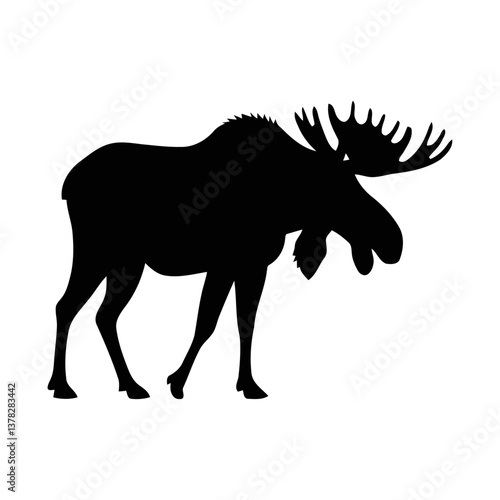 A black and white vector illustration of a female moose walking with an elegant posture on a white background