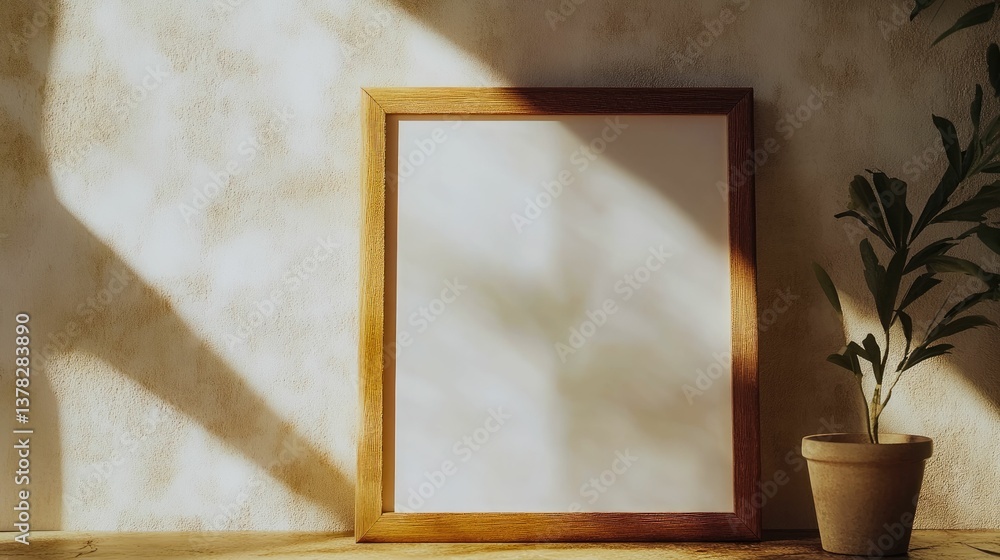 Fototapeta premium Wooden frame mockup template on table with plant and sunlight shadows art