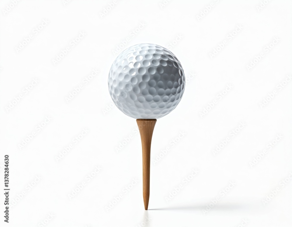 White golf ball rests wooden tee isolated on white background. Golf ball detailed texture. Golf sport equipment for outdoor leisure activity. Pro sport championship game, recreation, hobby. Focus on White golf ball rests wooden tee isolated on white background. Golf ball detailed texture. Golf sport equipment for outdoor leisure activity. Pro sport championship game, recreation, hobby. Focus on