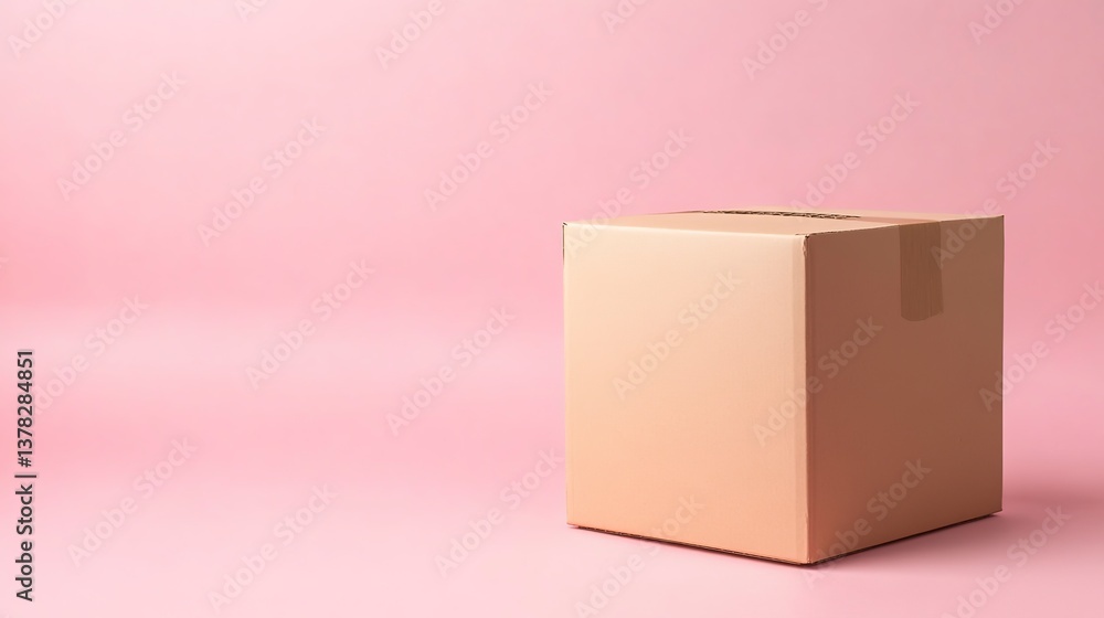 Obraz premium A simple, sturdy cardboard box sits on a soft pink background, promising a delightful surprise inside.