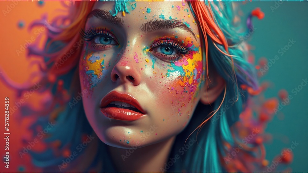 Fototapeta premium A young artist showcases their creativity with a striking blend of bright colors on their face, capturing attention with a playful expression.