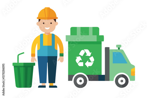 Cartoon Garbageman Next to Recycle Truck and Green Bin on White Background