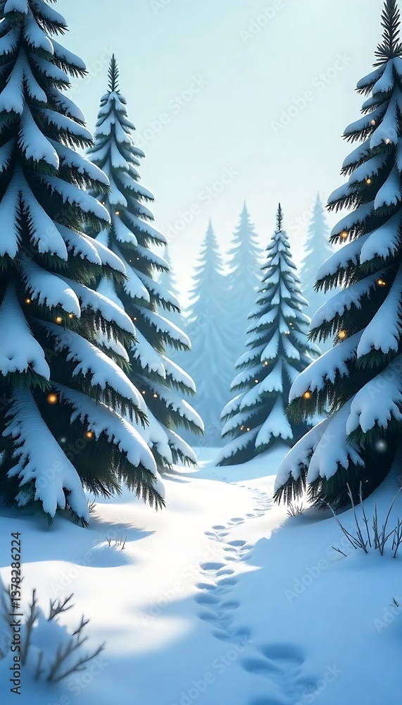 Obraz premium Generative AI Snowy Pine Forest Trail: Winter Wonderland Landscape with Footprints