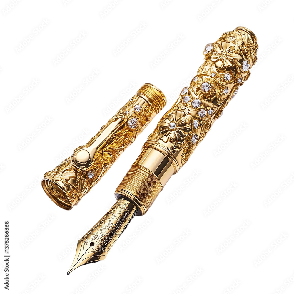 Naklejka premium Luxury golden fountain pen, high-end craftsmanship, ultra-HD detailing, isolated on a white background --v 6.1