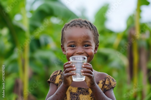 A young child drinking fresh clean water from a glass with a big smile