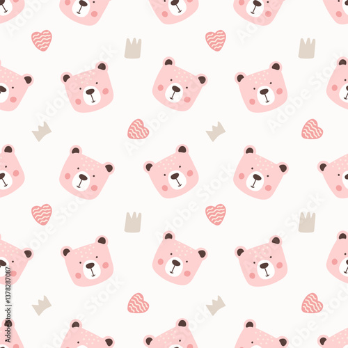 Cute vector pattern of bear faces and hearts in soft pink colors for kids design. Vector illustration