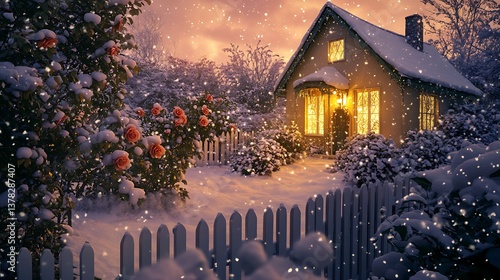 A charming cottage with a picket fence, warm light illuminating the garden, surrounded by snow-draped roses, a soft pink dusk sky, delicate snow falling, 32k, full ultra hd, high resolution