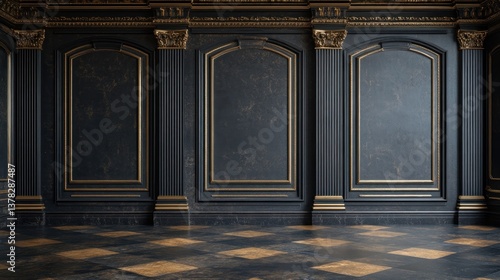 Luxurious dark wood paneling interior with gold accents