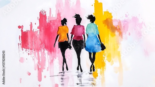 Three Silhouetted Women Walking in Vibrant Watercolor Landscape