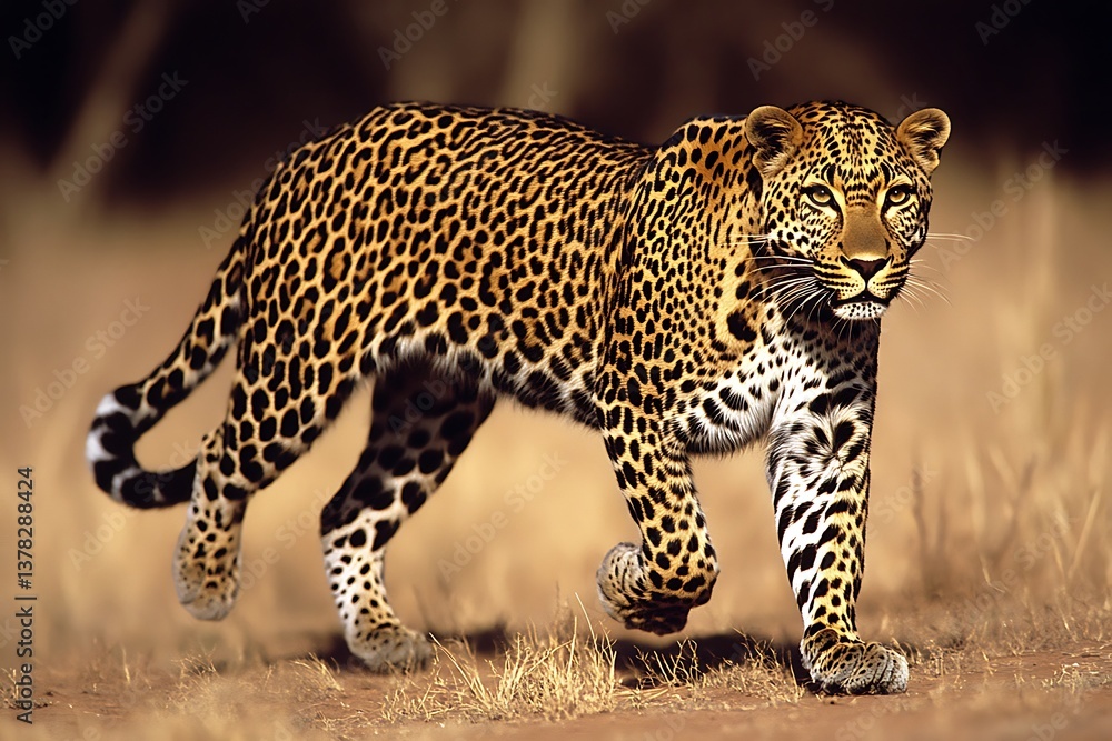 A majestic leopard strides confidently across an open grassy landscape A majestic leopard strides confidently across an open grassy landscape