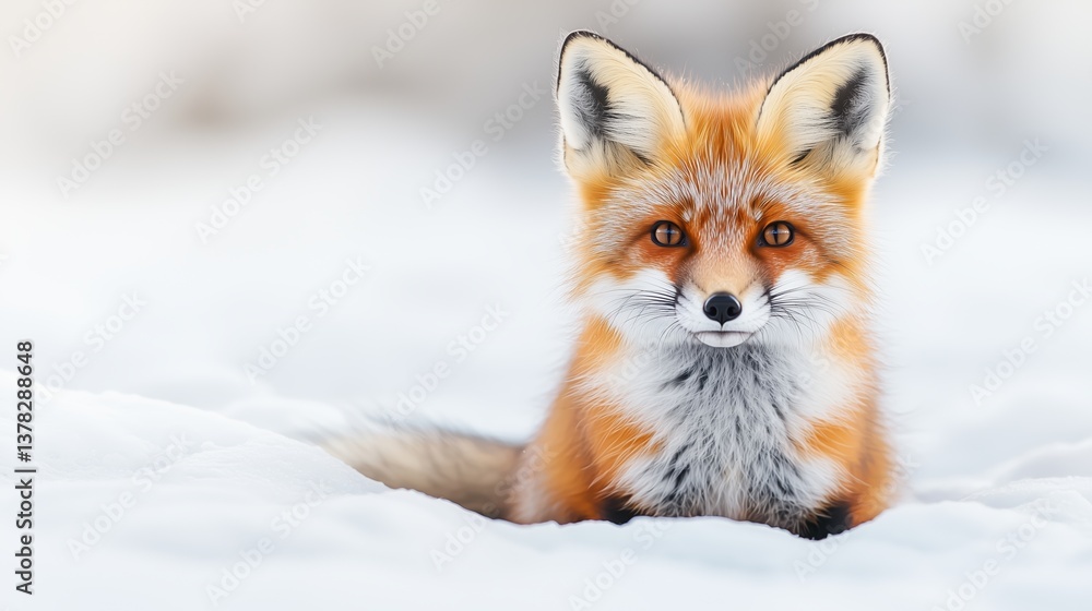 Obraz premium Red fox sitting in fresh white snow during winter, close-up portrait of wild animal in cold nature setting