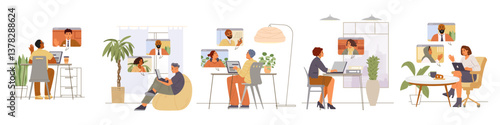 Freelancers during online business meetings flat vector illustrations set. Diverse people working remotely concept.