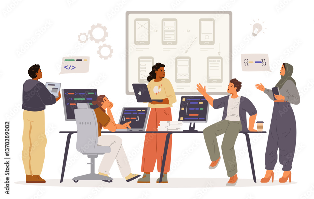Diverse business team on a meeting discussing app development project flat vector illustration. Diverse business team on a meeting discussing app development project flat vector illustration.