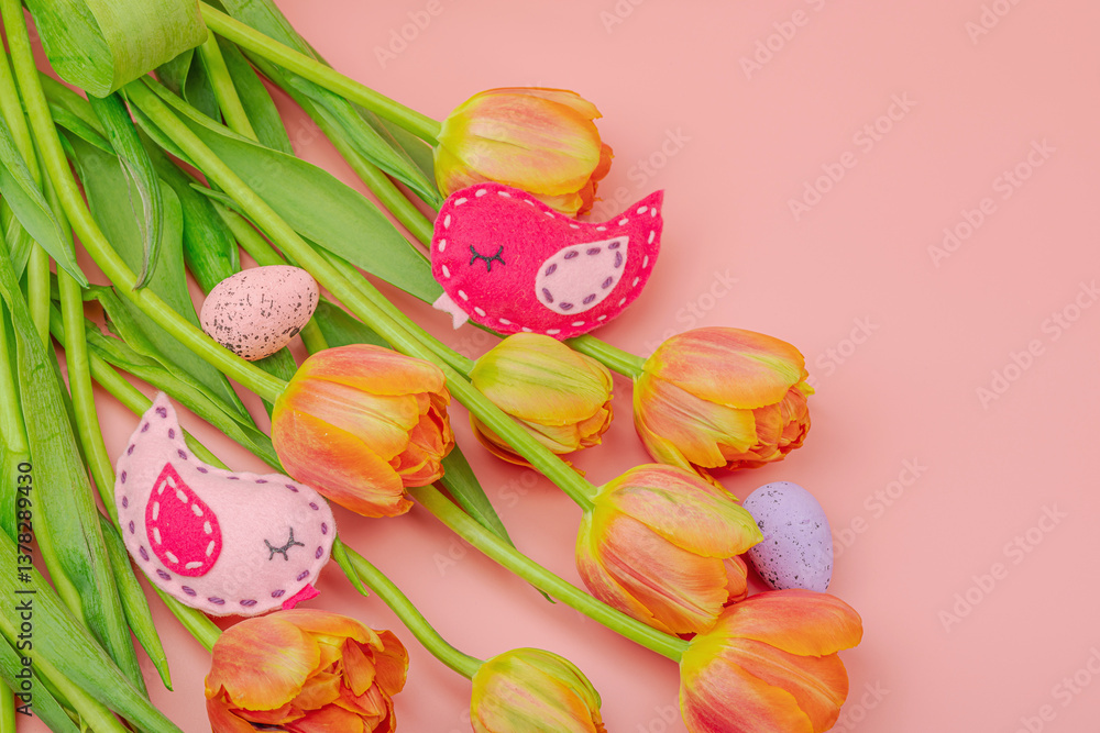 Gentle Easter composition with tulips flowers and handmade felt birds. Traditional elements Gentle Easter composition with tulips flowers and handmade felt birds. Traditional elements