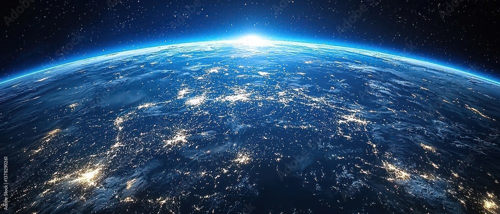 Fototapeta premium A blue and white planet with a bright sun in the middle