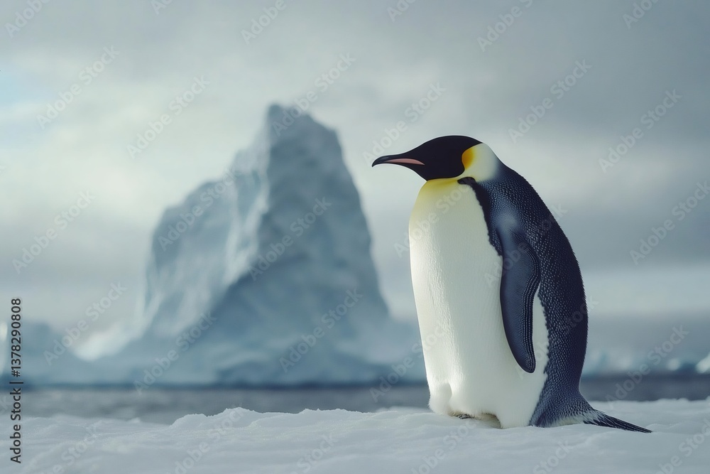 Fototapeta premium Emperor penguin standing on ice floe with iceberg in background