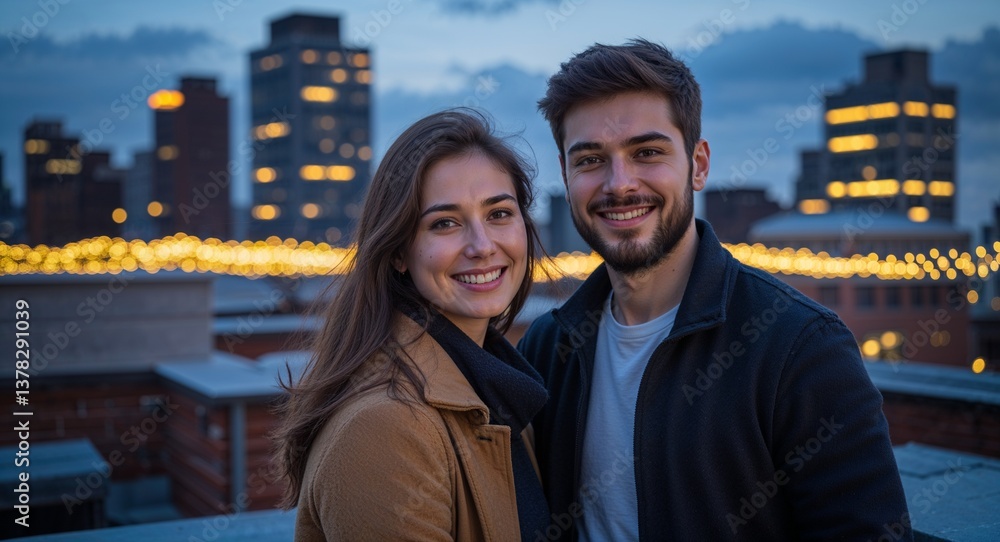 Happy young couple in twilight city rooftop with fairy lights background portrait photo Happy young couple in twilight city rooftop with fairy lights background portrait photo