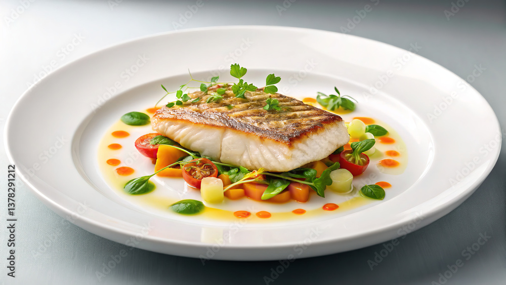Pan-seared fish fillet artfully arranged with vibrant seasonal vegetables, a culinary masterpiece on a pristine white plate. Pan-seared fish fillet artfully arranged with vibrant seasonal vegetables, a culinary masterpiece on a pristine white plate.