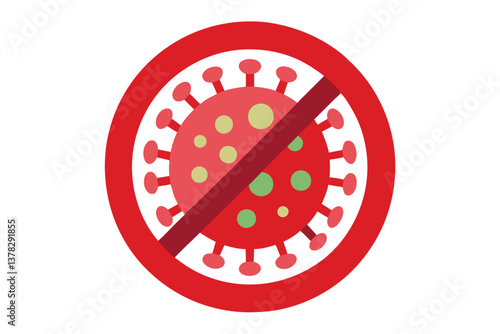 Red Virus Crossed Sign on White Background, Flat Icon Style, Medical Warning Concept