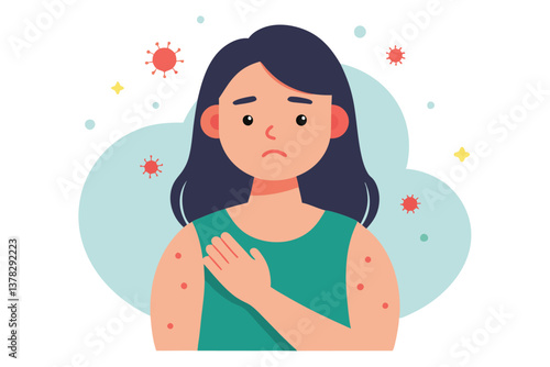 Sad Girl with Skin Rash Touching Arm, Red Spots and Virus Around, White Background