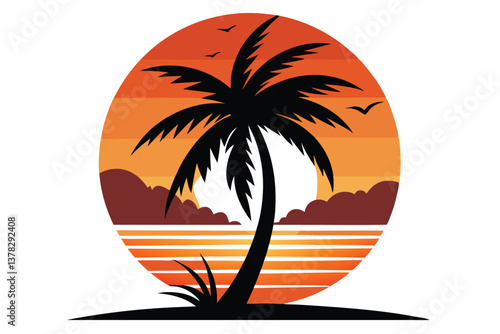 Retro Sunset with Silhouette Palm Tree, Ocean Waves and Birds in Orange Hues