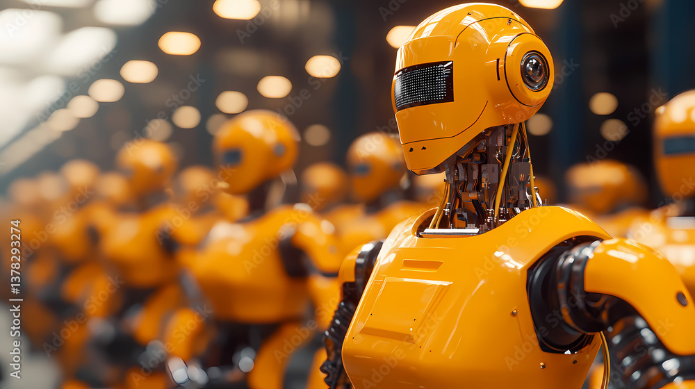 A lineup of vibrant yellow robots stands in a factory, showcasing advanced technology and design in automation. A lineup of vibrant yellow robots stands in a factory, showcasing advanced technology and design in automation.