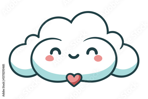 Smiling Cartoon Cloud with Heart Detail on White Background Cute Weather Icon