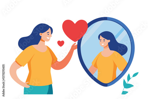 Smiling Woman Holding Heart near Mirror Reflecting Herself on White Background