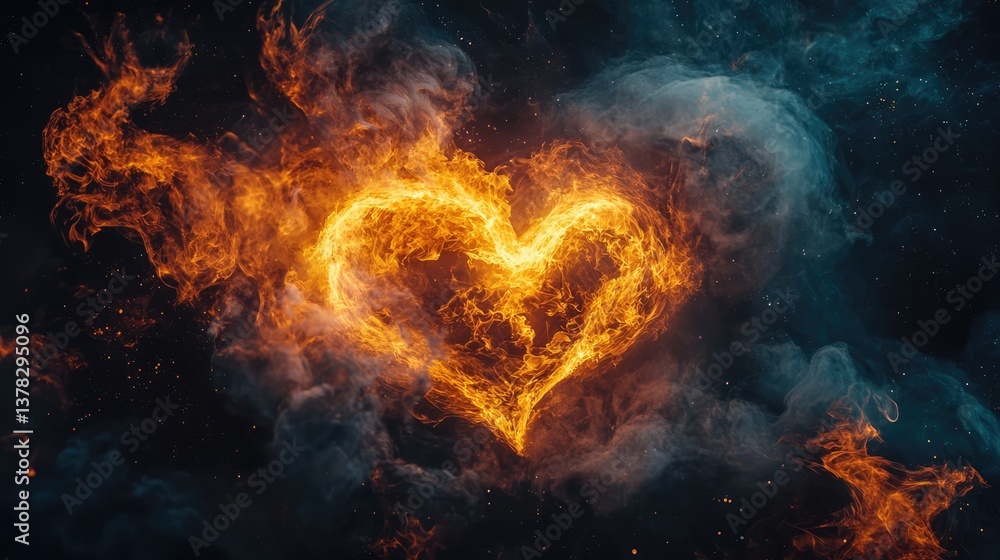 A vibrant image of a heart-shaped fire, with glowing orange flames on a dark smoky background A vibrant image of a heart-shaped fire, with glowing orange flames on a dark smoky background