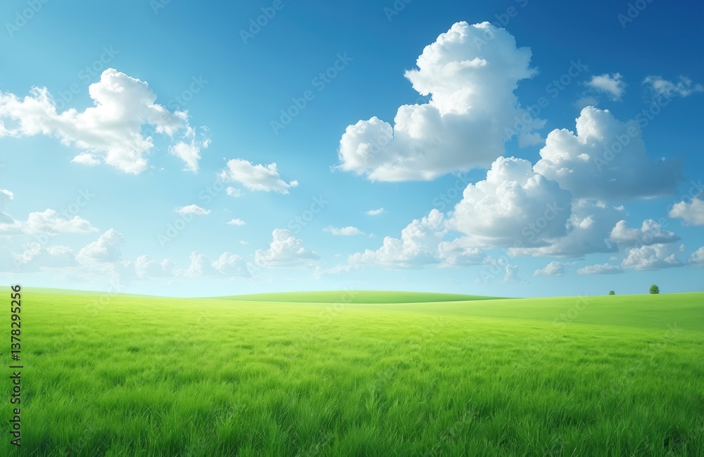 Scenic landscape with vast green field under bright blue sky. Fluffy white clouds float above serene countryside. Open space, rural scenery, summer day, pure nature. Scenic landscape with vast green field under bright blue sky. Fluffy white clouds float above serene countryside. Open space, rural scenery, summer day, pure nature.