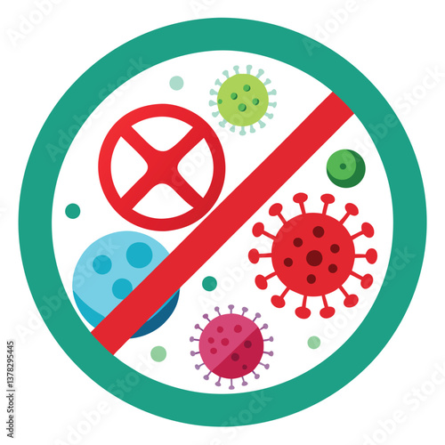 Virus Prohibition Sign with Round Teal and Red Slash Mark on White BG