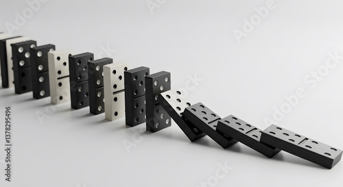 Domino Effect:  Black and white dominoes falling in a row, illustrating the concept of cause and effect, chain reaction, and the interconnectedness of events. 