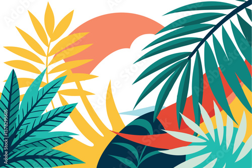 Vivid Flat Design Tropical Leaves and Shapes on White Background Art