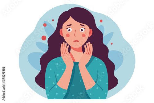 Worried Brunette Woman Touching Face with Concerned Expression on White Background