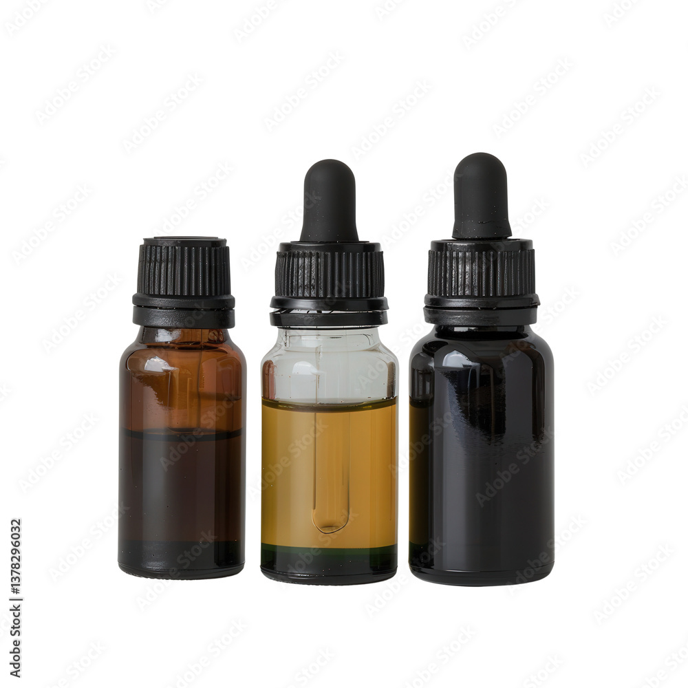 Three Different Glass Dropper Bottles with Liquid for Essential Oils or Serums Three Different Glass Dropper Bottles with Liquid for Essential Oils or Serums