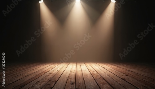Wallpaper Mural Wooden stage illuminated by spotlights against dark backdrop. Empty scene with wooden floor, stage lights for show, presentation, concert, event, performance. Spotlights illuminate show, scene, Torontodigital.ca