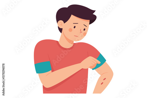 Young Man With Injury On Arm Showing Skin Wound Isolated On White Background