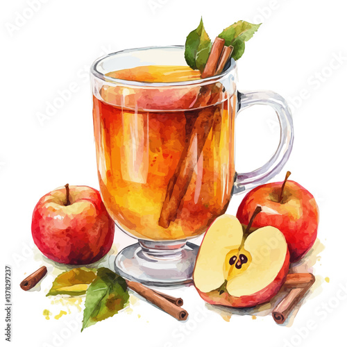A watercolor vector of Hot Apple Cider, isolated on a white background.

