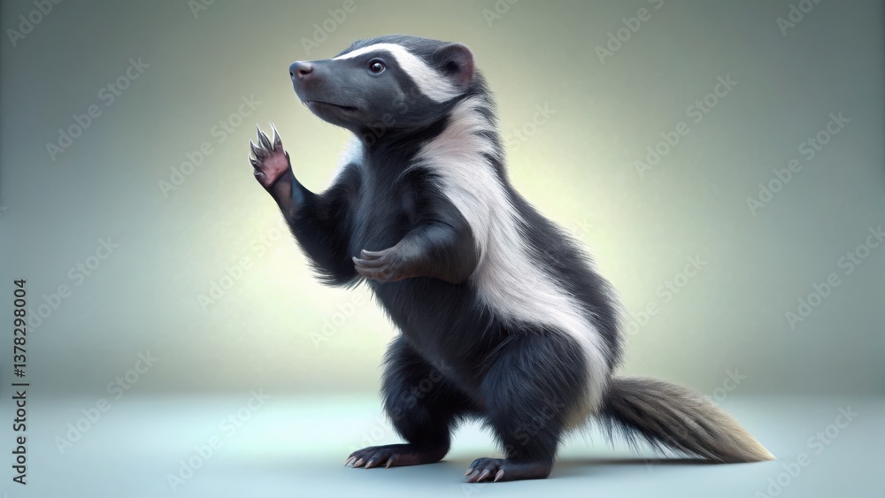 Obraz premium A playful badger stands on its hind legs, showcasing its unique markings and curious expression in a soft lighting.