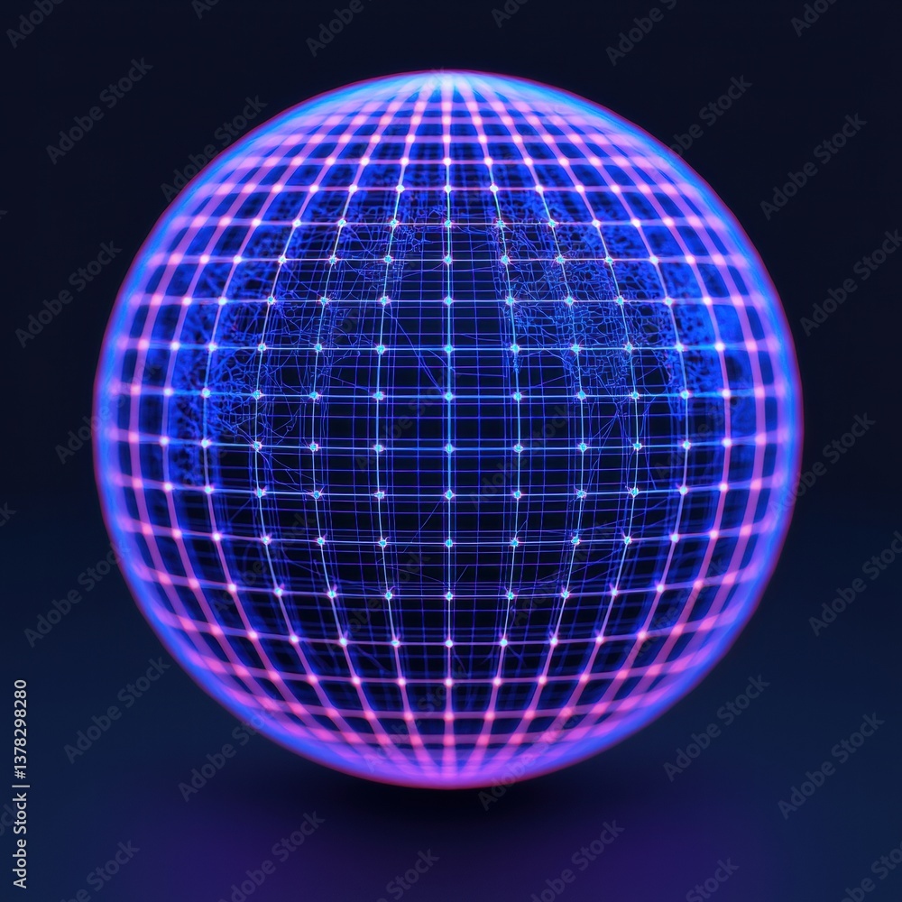 Obraz premium A glowing sphere with a grid pattern, radiating vibrant blue and pink hues against a dark background, creating a futuristic and digital aesthetic.