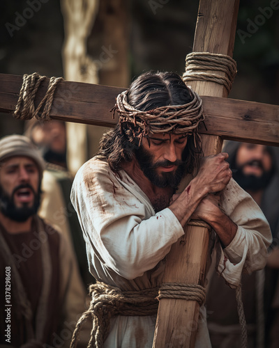 Jesus Christ carrying the cross with crown of thorns and blood on his face