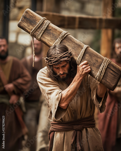 Jesus Christ carrying the cross on his shoulders, wearing a crown of thorns